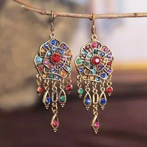 Bohemian Flower earrings dangle drop multicolor rainbow gold boho flowers